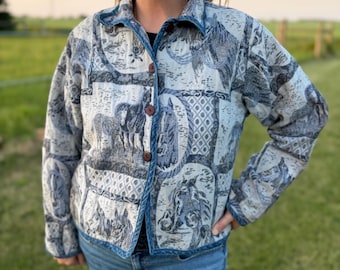 Vintage Horse Tapestry Jacket Womens Western Equestrian Cotton Woven Denim Trim Horse Lover Ranch Style