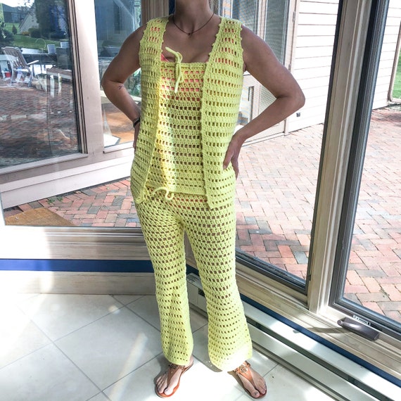 60’s Vintage 3-Piece Yellow Knit Vest, Top and Pan