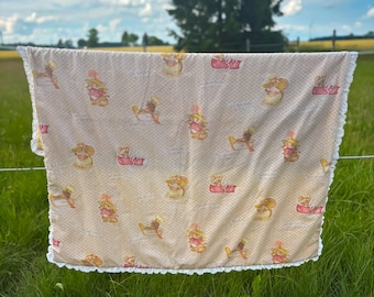 Vintage Handmade Nursery Rhyme Baby Quilt Blanket Mother Goose Yellow Gingham
