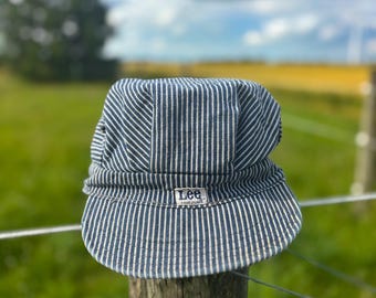 Vintage Lee Hickory Stripe Engineer Cap Made in USA Railroad Train Conductor Hat Sanforized Cotton Workwear Union Made