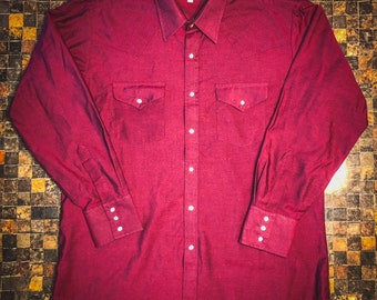 1980's Men's Vintage Western Rockabilly Maroon Shirt with Snap Buttons
