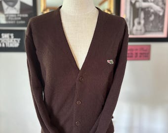 Vintage 1970s Sears Dragon Logo Cardigan Sweater Brown Preppy Ivy League Grandpa Core Acrylic Knit Men’s