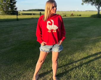 Vintage 1980s Red Goose Appliqué Sweatshirt | Bassett Walker BW | Cottagecore Farmhouse Quilted Bird Crewneck Oversized USA Made