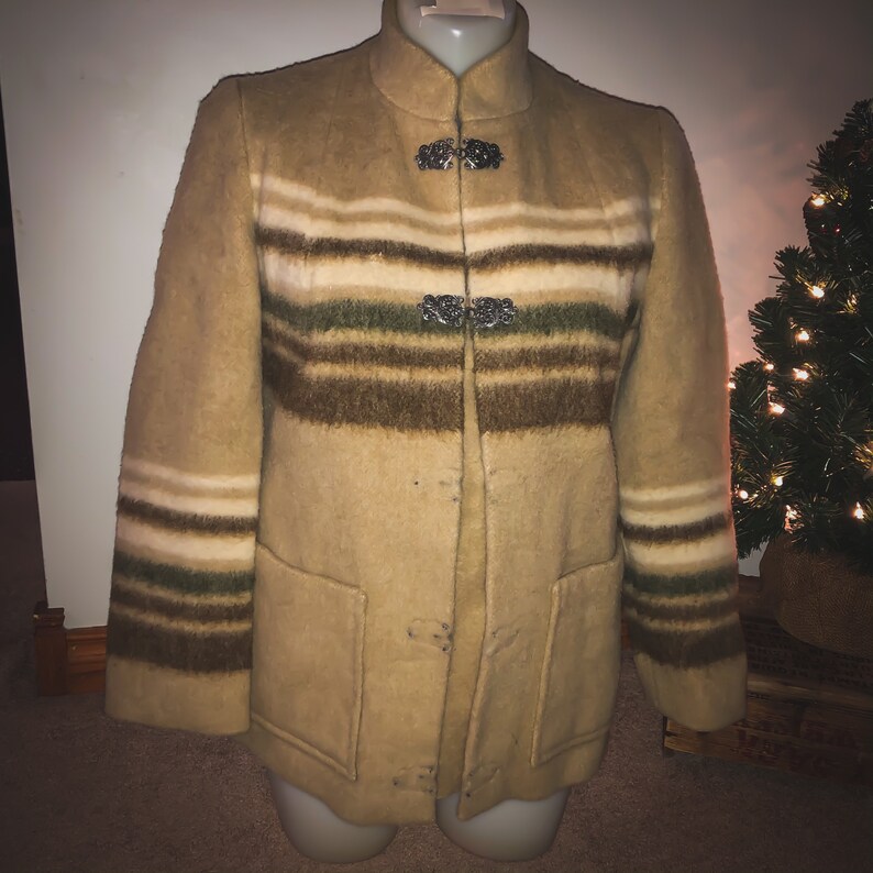 Sandane 1970\u2019s Vintage Women\u2019s Fjord Fashion Wool Jacket with Pewter Hooks Norway