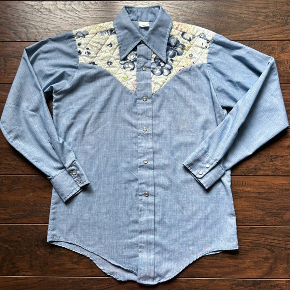 Vintage Western Men's Chambray Shirt With Floral Quilted