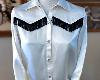 1970's Vintage Western Women’s Land N' Sea  Shirt with Fringe and Snap Buttons