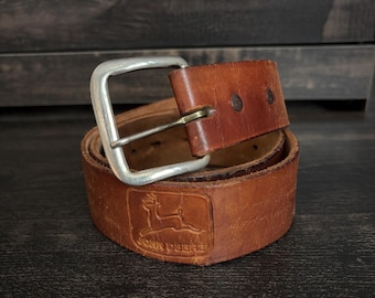 Vintage John Deere Leather Belt | Embossed Deer Logo Workwear Belt | 1980s Farm Ranch Western Americana Brown Leather Belt