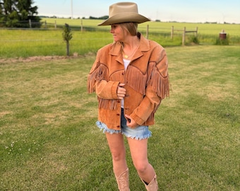 Vintage Suede Fringe Jacket XL Western Ranchwear Cognac Leather Cowboy Coat Boho Rodeo Urban Cowboy Southwestern