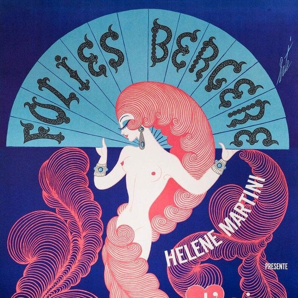 Original Vintage French Cabaret Poster "Folies Bergere"  by Erte for  Helene Martinis J'aime a la Folie