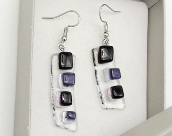 Boucles d'oreilles en fusing violette et rose, attaches inox, style romantique, attrape-soleil verre, asymétriques, mariage, saint valentin