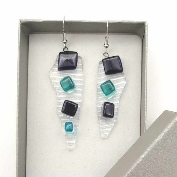 Boucles d'oreilles turquoise et violet, attrape-soleil, boucles d'oreilles en verre, style bohème, attaches inox, abiance romantique, bohème