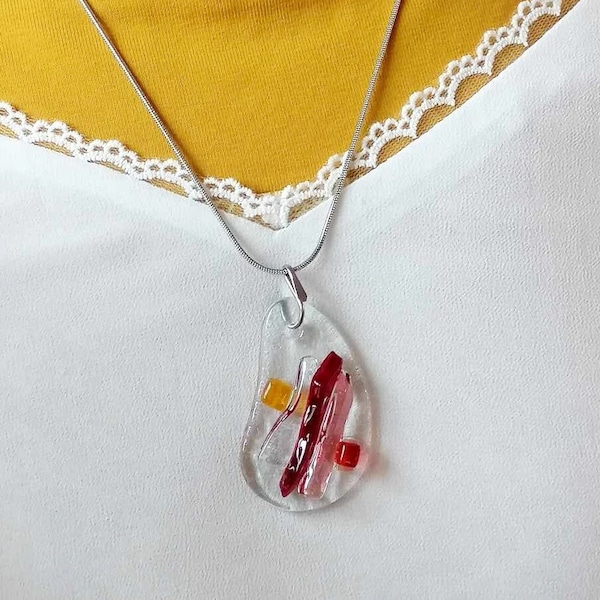 Red glass necklace, glamour, fusing sun catcher, wedding, Valentine's Day, birthday, bail and stainless steel snake chain, boho style