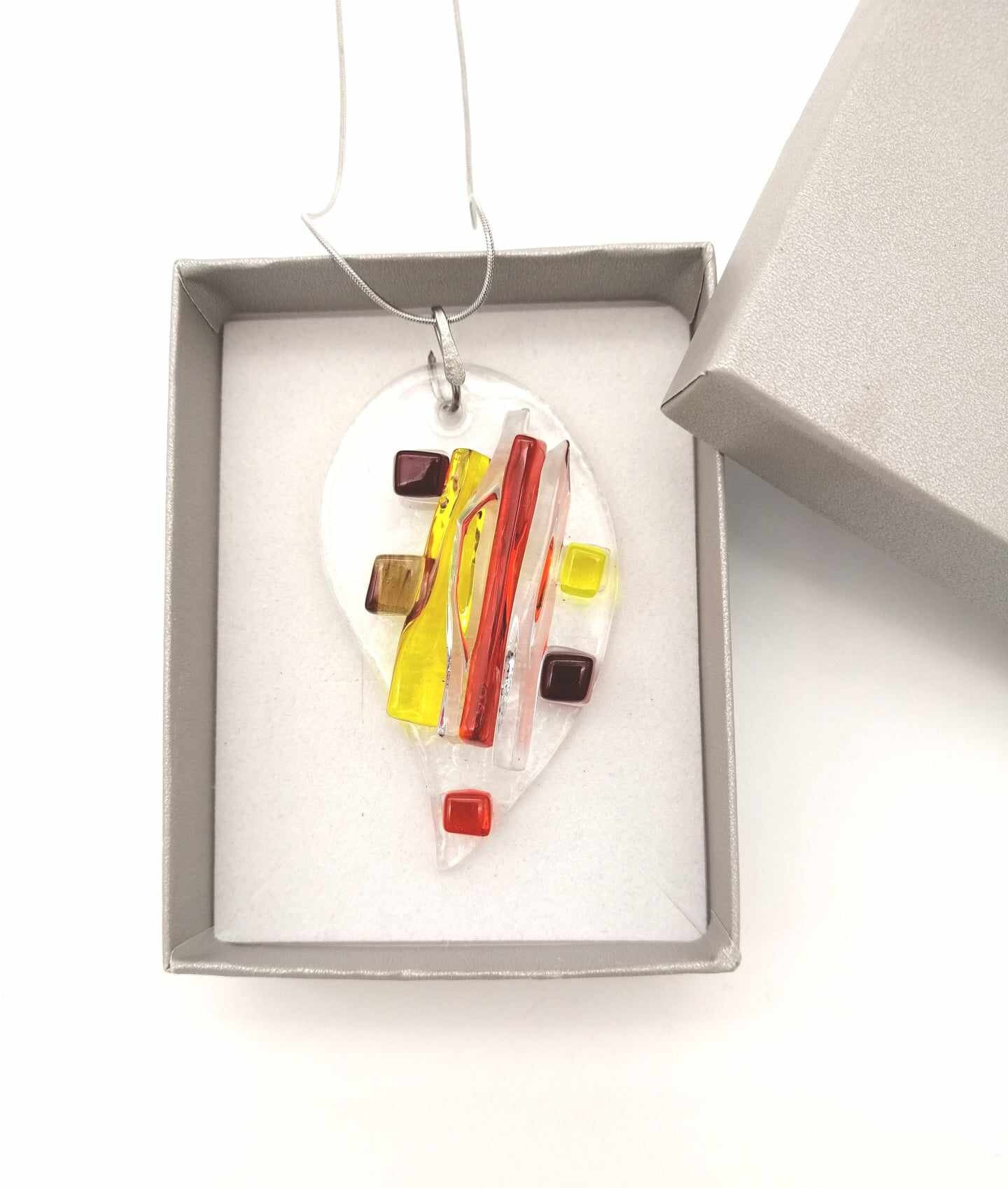 Red, amber and yellow glass pendant and necklace, boho style, stainless steel snake chain, fusing sun catcher, wedding, birthday