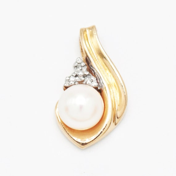 14k Yellow Gold Estate Swirl Pearl & Diamond Pend… - image 1