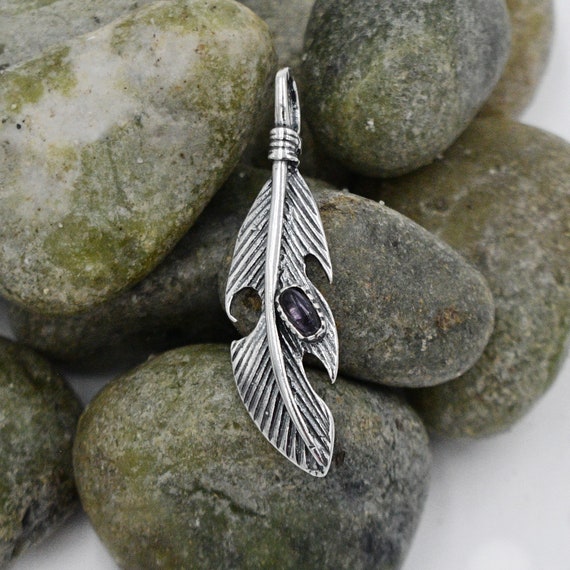 New Sterling Silver Feather Amethyst Gemstone Pen… - image 1