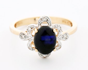 14k Yellow Gold Estate Cabochon Blue Gemstone & Diamond Ring Size 9