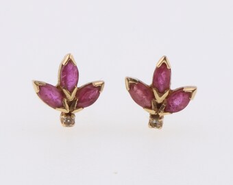 14k Yellow Gold Estate Marquise Cut Ruby & Diamond Stud Earrings