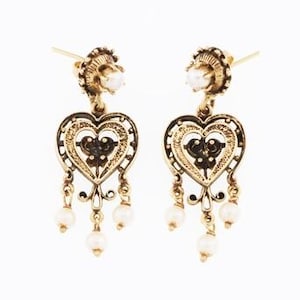 14k Yellow Gold Estate 1.5&quot; Heart Shape & Pearl Drop/Dangle Earrings