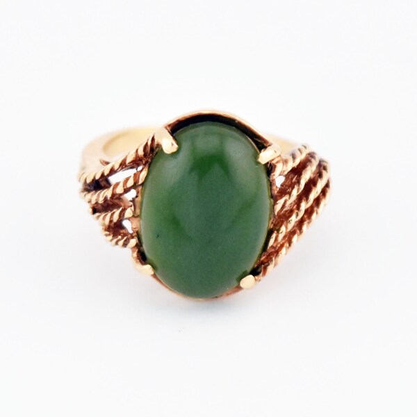 14k Yellow Gold Estate Open Band Green Jade Ring Size 5.5