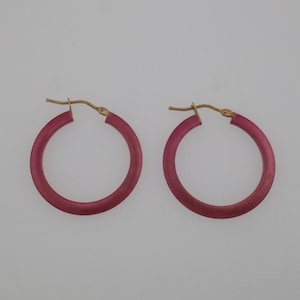 14k Yellow Gold Estate 1&quot; Pink Enamel Hoop Earrings
