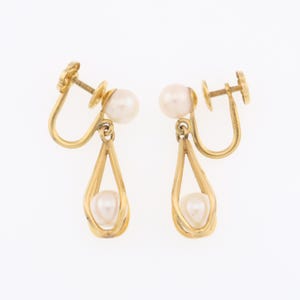 14k Yellow Gold Pearl Dangle/Drop Screw Back Estate Earrings