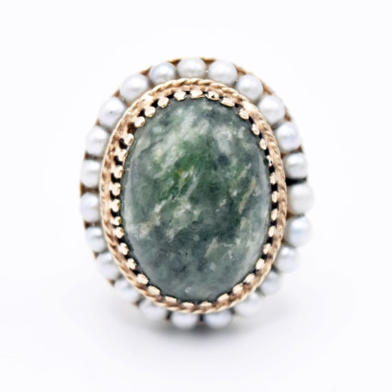 14k Yellow Gold Estate Green Moss Agate & Pearl R… - image 1