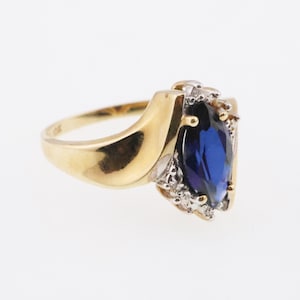 Marquise Cut Sapphire & Diamond Ring Size 7 10k Yellow Gold 2.6g