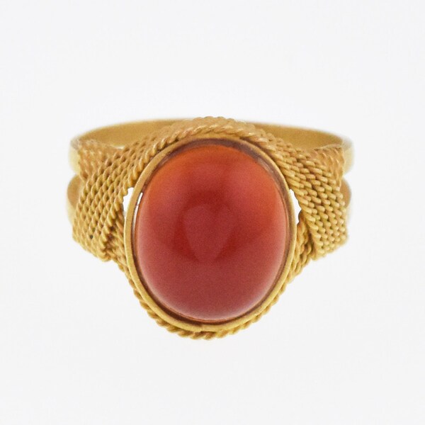 18k Yellow Gold Estate Carnelian Gemstone Textured Ring Size 7.5