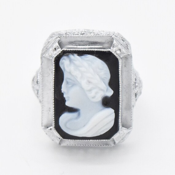 14k White Gold Estate Filigree Carved Cameo Ring … - image 2