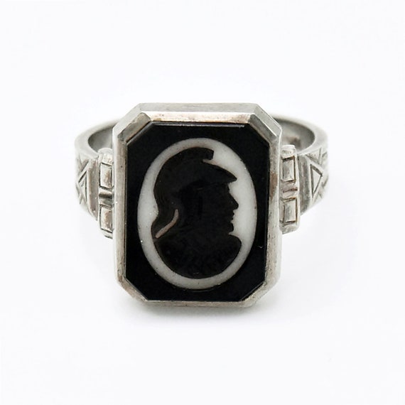 10k White Gold Vintage Carved Soldier Cameo Ring … - image 1