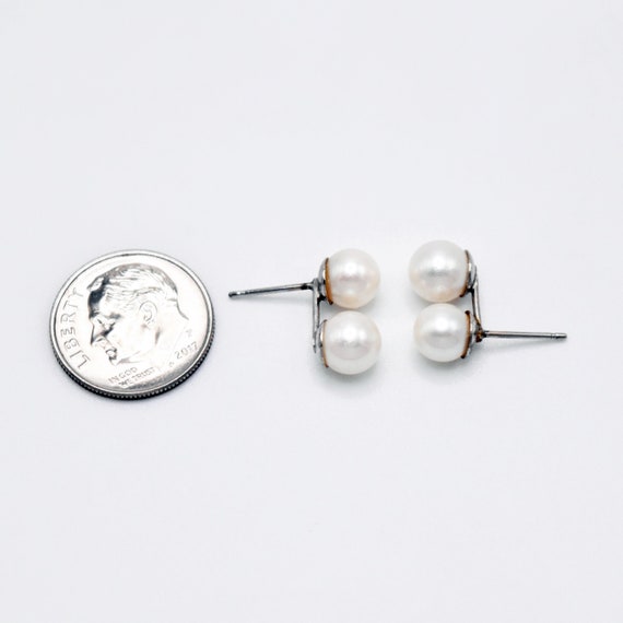 14k White Gold Estate Double Pearl Post Earrings - image 3
