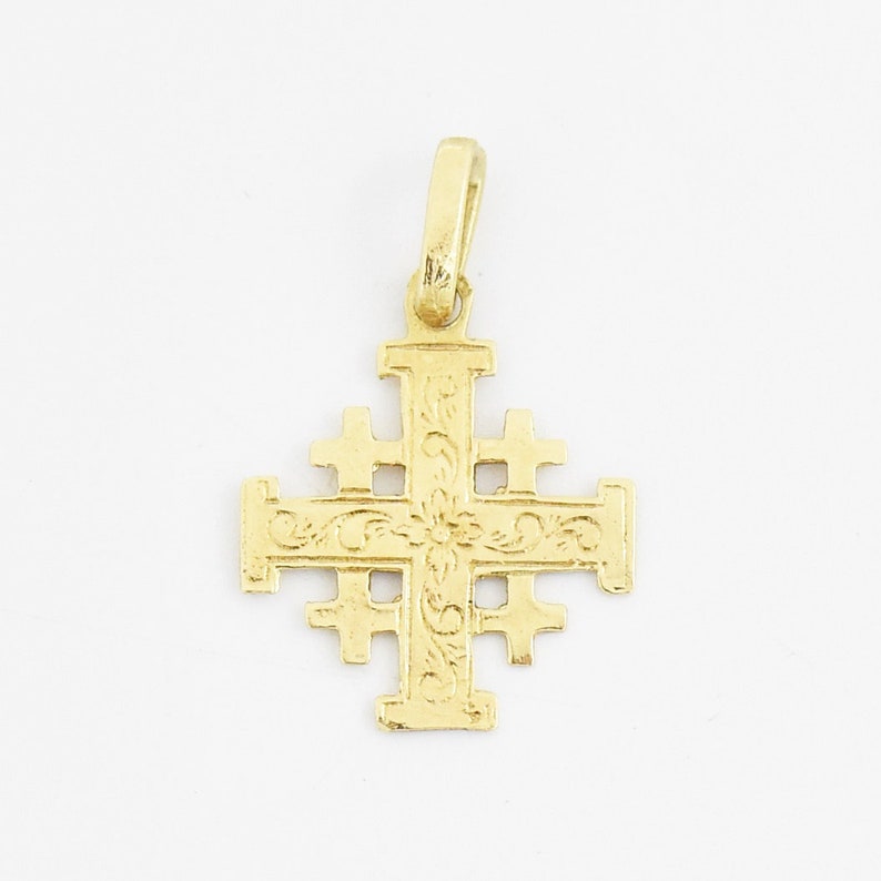 14k Yellow Gold Estate Flower Design Jerusalem Cross Religious Pendant