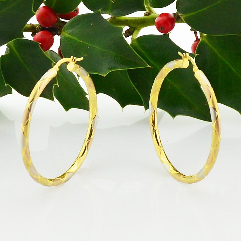 Jewelry Is Me:Great Holiday Gifts Him or Her Vintage to Modern 14k Tri Colored Gold Estate Textured Hoop Earrings