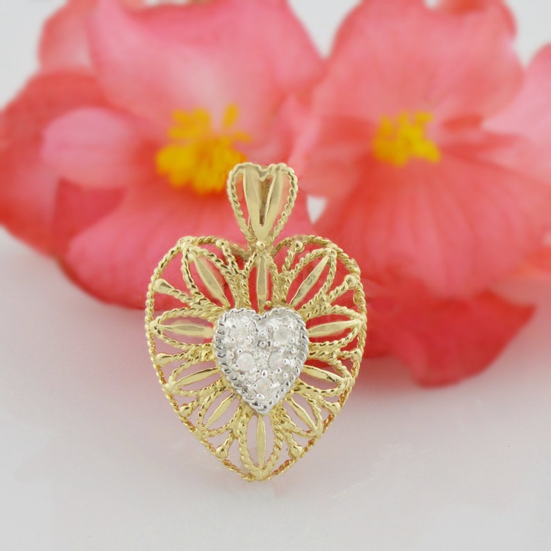 14k Yellow Gold Estate Open Work Diamond Heart Pendant Jewelry Is Me:Great Holiday Gifts Him or Her Vintage to Modern