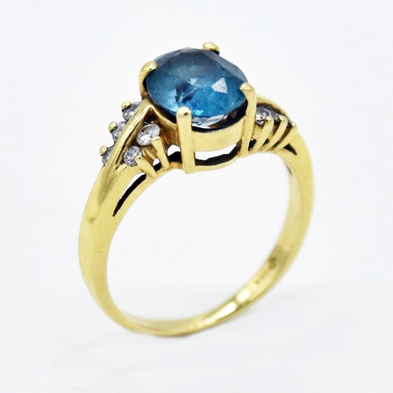 14k Yellow Gold Estate Blue Topaz & Diamond Ring … - image 1