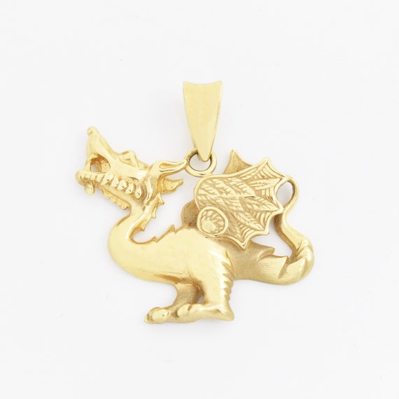 14k Yellow Gold Estate Textured Winged Dragon Pend