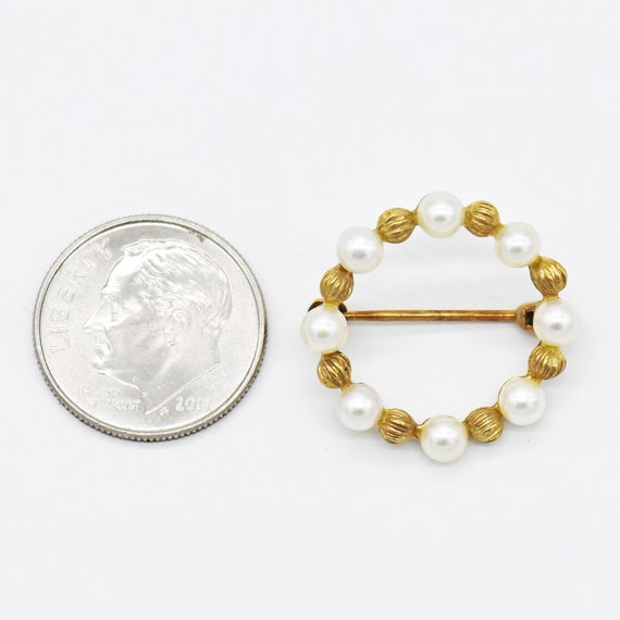 14k Yellow Gold Estate Open Circle Pearl Pin - image 3