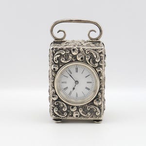 English Repoussé Sterling Silver Miniature Carriage Clock