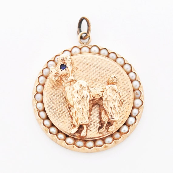 14k Yellow Gold Vintage Textured Poodle Pearl & S… - image 1