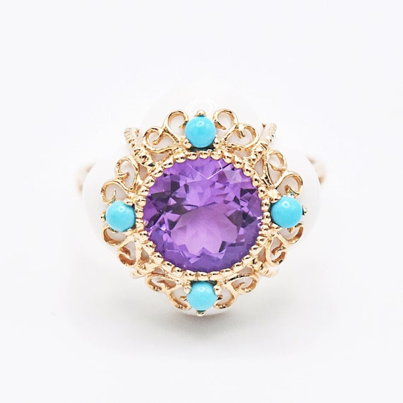 14k Yellow Gold Amethyst, Turquoise & White Agate… - image 1