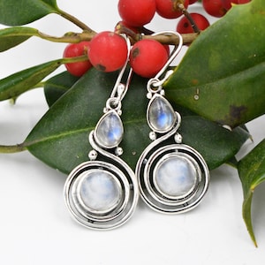 New Sterling Silver 925 Swirl Rainbow Moonstone Dangle/Drop Earrings