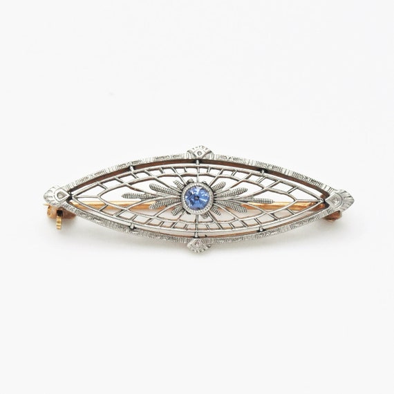 14k White Gold Antique Filigree Sapphire Bar Pin