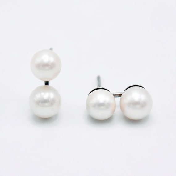 14k White Gold Estate Double Pearl Post Earrings - image 1