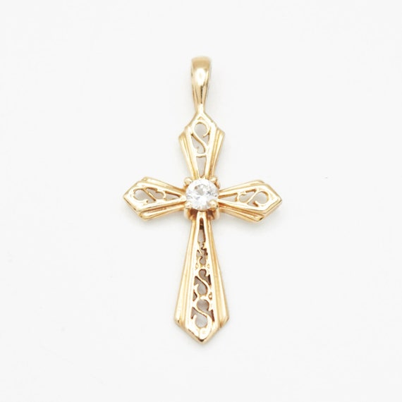 14k Yellow Gold Estate White Spinel Filigree Cross