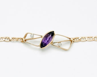 14k Yellow Gold Amethyst & Diamond 6.75" Anchor Link Bracelet