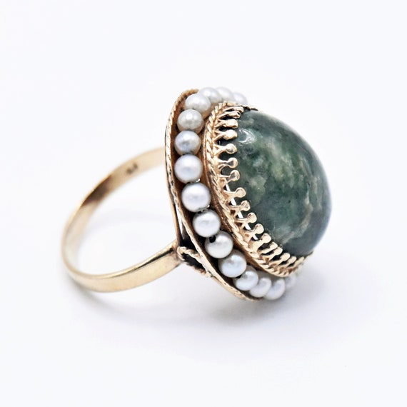 14k Yellow Gold Estate Green Moss Agate & Pearl R… - image 3