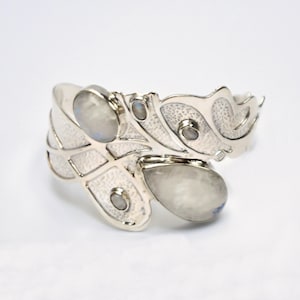 Mid Century Modern Sterling Silver 925 Moonstone Asymmetrical Cuff Bracelet