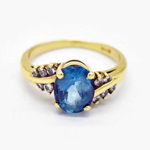 14k Yellow Gold Estate Blue Topaz & Diamond Ring … - image 2