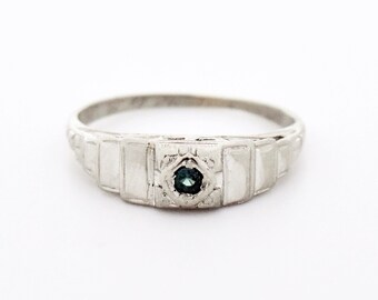 18k White Gold Vintage Green Topaz Gemstone Ring Size 7