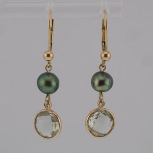 14k Yellow Gold Estate 1.25" Dangle Pearl & Aqua Leverback Earrings